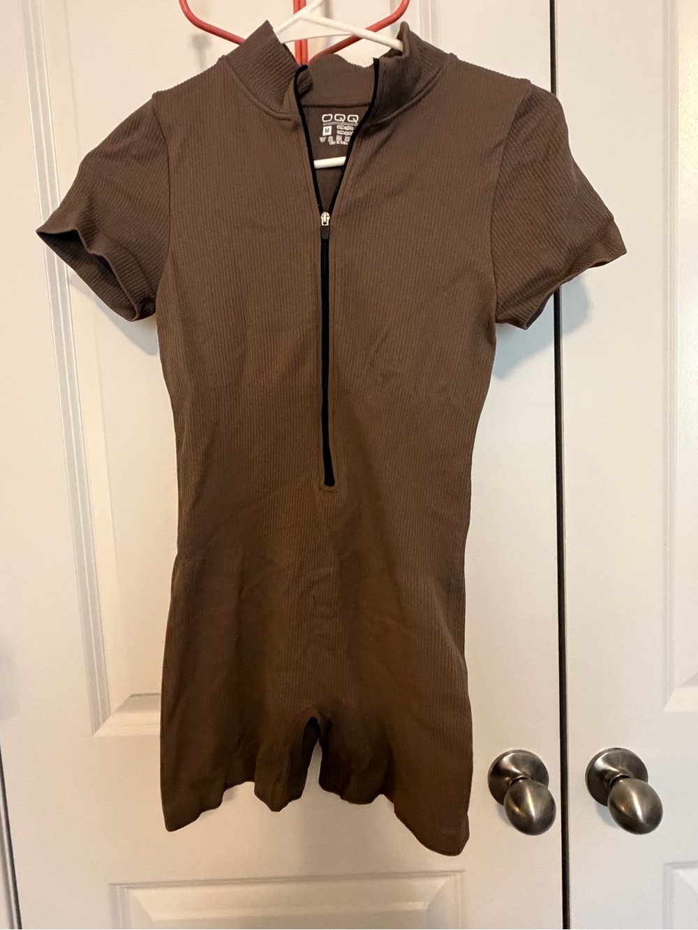 Brown Ribbed Short Sleeve Zip Romper